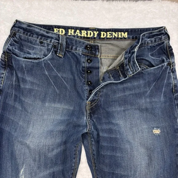 Ed Hardy Jeans Mens 36x32 Blue Distressed Splatter Straight Flap Pockets Whisker - Picture 3 of 16